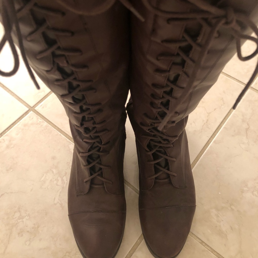 Brown leather lace up knee high boots